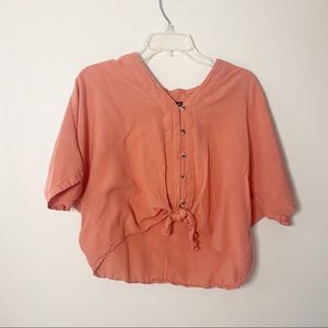 Style Envy- Peachy Coral Button Up w/ Front Tie Cropped Blouse